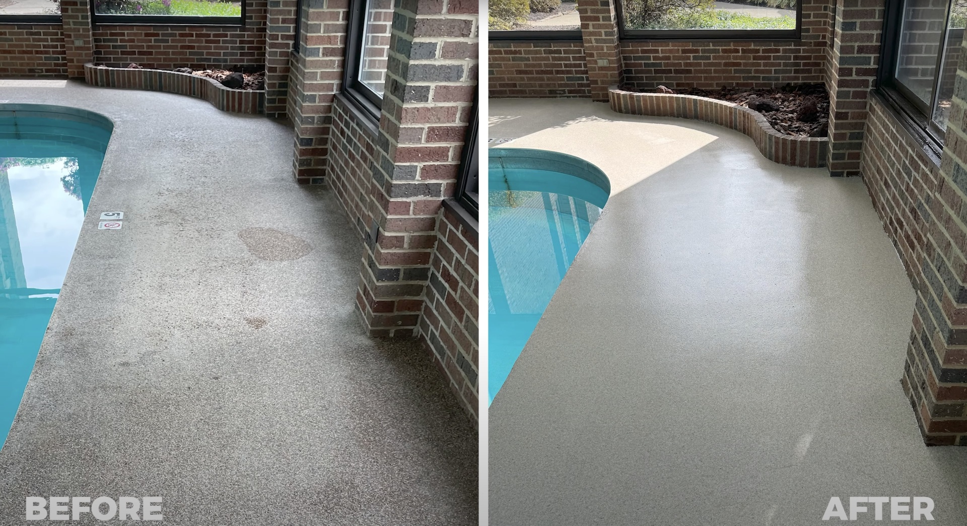 Before and after concrete pool deck resurfacing transformation